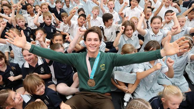 Scotty James with his Bronze Medal heads back to his old school, Tintern Grammar in Ringwood, for a visit. Picture: Alex Coppel.