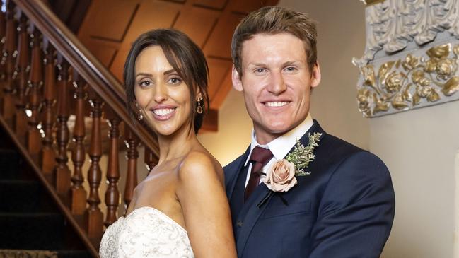 Former SANFL footballer Sebastian Guilhaus with MAFS bride Lizzie Sobinoff. Picture: Channel 9