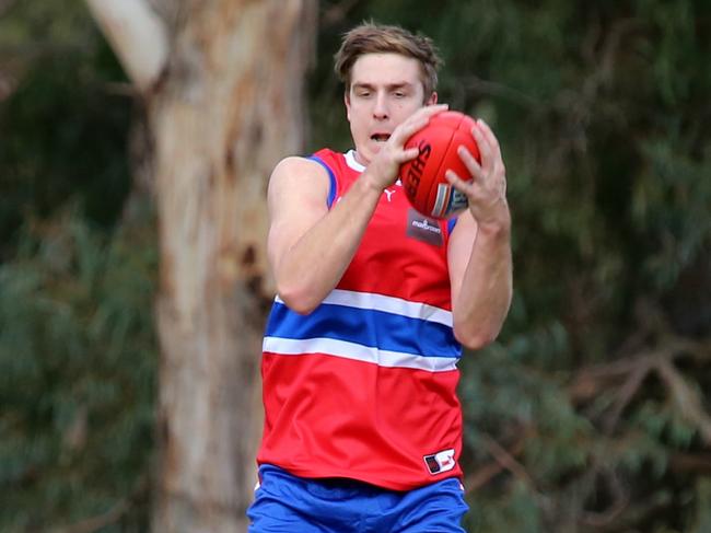 South Croydon footballer Max King flies for a mark in the Eastern Football League (EFL). Picture: Steve Bibby