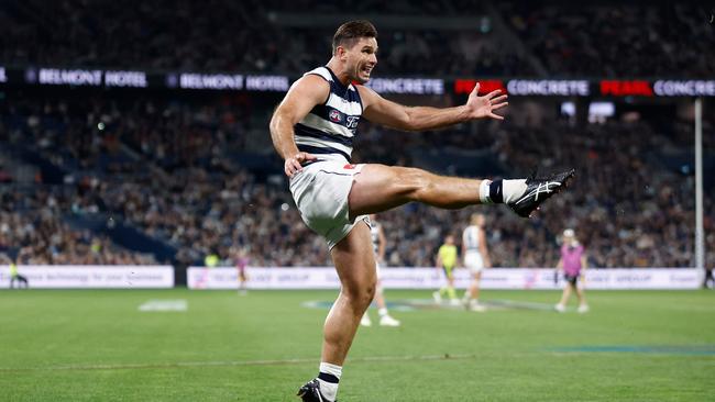 Tom Hawkins of the Cats kicks a goal. (Photo by Michael Willson/AFL Photos via Getty Images)