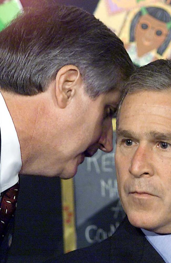 Andrew Card famously whispered the news of the 9/11 attacks into the ear of then-president George W. Bush. Picture: AFP/Paul Richards