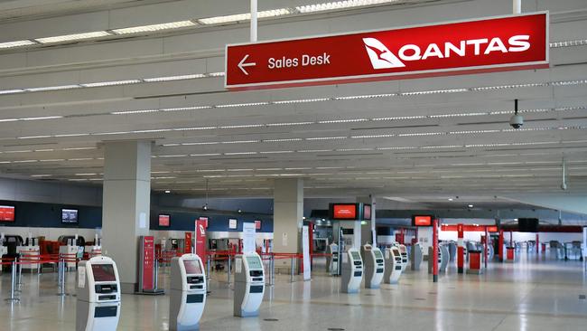 August 20, 2020 shows an empty Qantas departure terminal at Melbourne Airport. Pic: William West