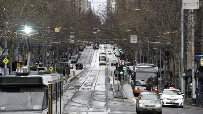 Collins St in central Melbourne is deserted due to the winter blast currently hitting the city. Picture: NCA NewsWire / Andrew Henshaw