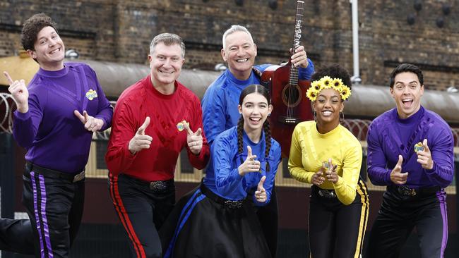 The Wiggles members Lachy Gillespie, Simon Pryce, Anthony Field, Lucia Field, Tsehay Hawkins and John Pearce, ahead of their 100th album and new tour announcement. Picture: Richard Dobson