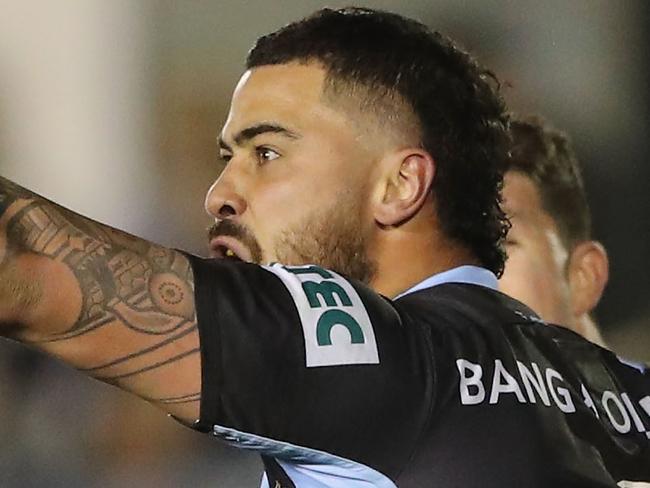 SYDNEY, AUSTRALIA - AUGUST 18:  Andrew Fifita of the Sharks celebrates a try during the round 23 NRL match between the Cronulla Sharks and the North Queensland Cowboys at Southern Cross Group Stadium on August 18, 2018 in Sydney, Australia.  (Photo by Mark Evans/Getty Images)