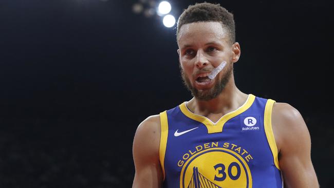 Steph Curry has avoided suspension for throwing his mouthguard at the referee. Picture: AP