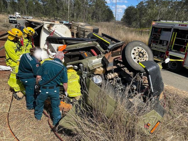 Truckie injured in rollover flown to hospital in serious condition