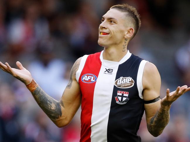 MELBOURNE, AUSTRALIA - MARCH 24: Matthew Parker of the Saints celebrates a goal during the 2019 AFL round 01 match between the St Kilda Saints and the Gold Coast Suns at Marvel Stadium on March 24, 2019 in Melbourne, Australia. (Photo by Dylan Burns/AFL Photos)