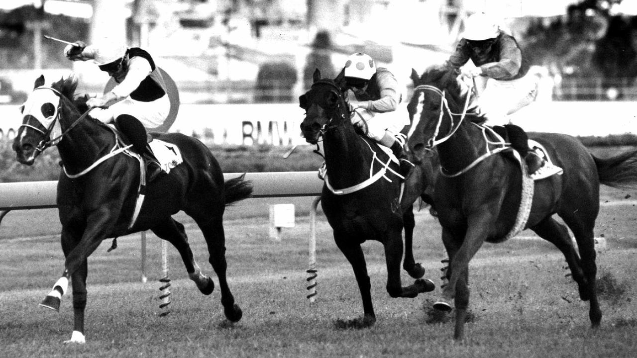 Racehorse Burst ridden by jockey Shane Dye winning race 5, the Golden Slipper Stakes at Rosehill in Sydney, 11/04/1992. Pic News Ltd.