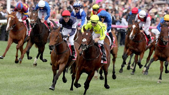 Almandin and Heartbreak City battle to the line in the Melbourne Cup. Picture: David Geraghty