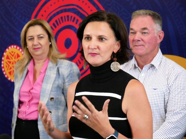 Townsville Enterprise chief executive Claudia Brumme-Smith, speaking in Townsville on Monday, flanked by Queensland Premier Annastacia Palaszczuk and resources Minister Scott Stewart. Picture: Blair Jackson