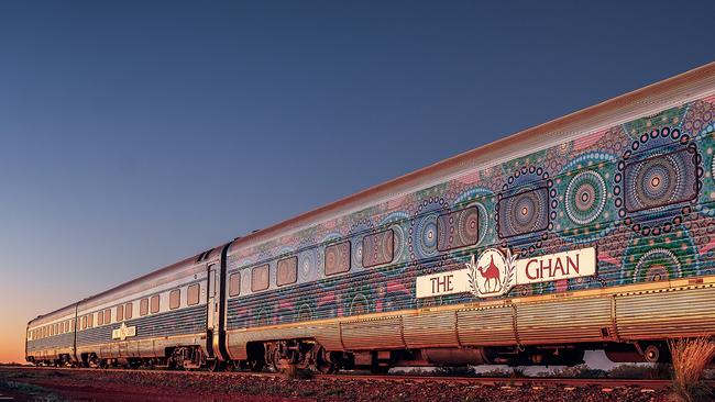 The Ghan train wrapped in the work of Ltyentye Apurte (Santa Teresa) artist Chantelle Mulladad entitled Crossroads.