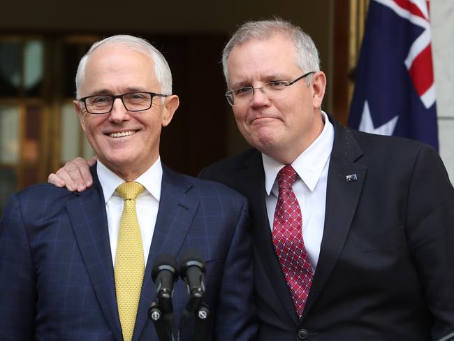 Mates. Then Prime Minister Malcolm Turnbull and future Prime Minister (two days later) Scott Morrison holding a press conference during the Liberal leadership tussle of 2018. Picture: Kym Smith