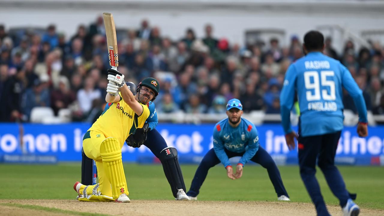 Travis Head sends one back over the head of Adil Rashid. (Photo by Gareth Copley/Getty Images)