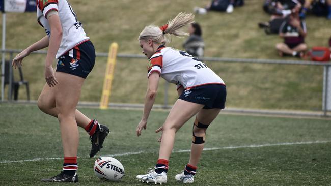 Paityne Johns prepares to dish the ball wide. Marymount College v St Patrick's College Mackay Confraternity Shield Final June 30 2022. Picture: Max O'Driscoll.