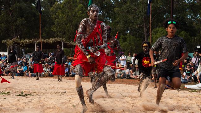 Numbulwar red flag dance at day one of Garma Festival on Friday August 2023. Picture: Pema Tamang Pakhrin