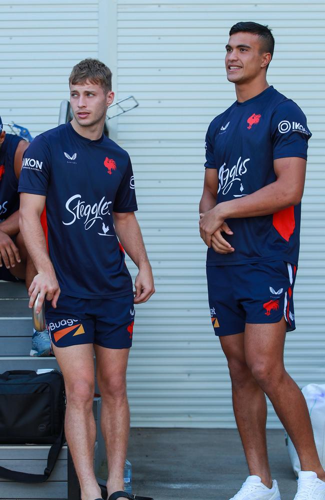 Sam Walker and Joseph-Aukuso Suaalii were teammates at the Roosters before Suaalii’s defection to play rugby union. Picture: Justin Lloyd