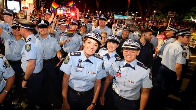 NSW Police Commissioner Karen Webb (front, centre-left) at the 2023 Sydney Mardi Gras Parade.