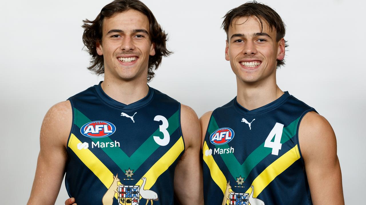 Ben (left) and Lucas Camporeale at the AFL National Academy boys jumper presentation. Picture: Dylan Burns/AFL Photos via Getty Images