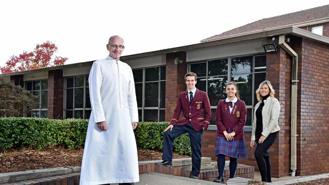 Oakhill College principal Brother Steve Hogan with school captains Alex Murrie and Renee Khamis as well as assistant principal of curriculum Rose Garofano. Picture: Troy Snook