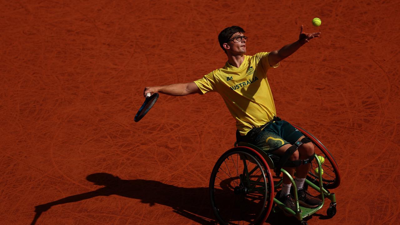 PARIS, FRANCE - AUGUST 25: Anderson Parker of Team Australia works out during a wheelchair tennis training session ahead of the Paris 2024 Summer Paralympic Games at Roland Garros on August 25, 2024 in Paris, France. (Photo by Steph Chambers/Getty Images)