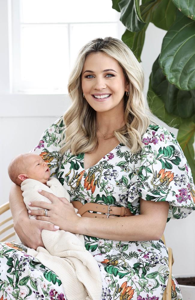 Kendall Gilding at home with 1-week-old Moses. Picture: Tara Croser.