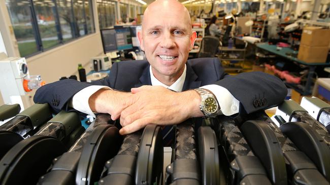 Codan boss Donald McGurk with F3 compact Land Mine detectors at its new Mawson Lakes facility. Picture: Stephen Laffer.