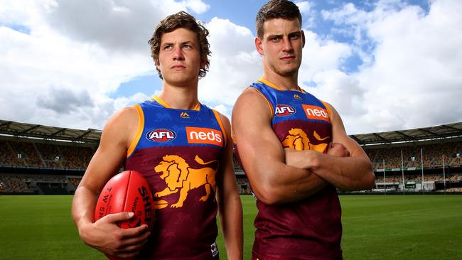 Jarrod Berry (right) has signed a new five-year deal at the Brisbane Lions. His brother Tom (left) has also extended for two more years. Picture: Adam Head