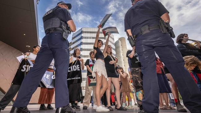 POLICE. The Prime Minister, Anthony Albanese. Protest out front. Adelaide Convention Centre. NORTH TERRACE. Adelaide CBD. Thursday 29th February 2024. Picture: Ben Clark