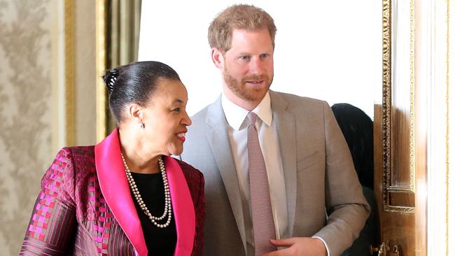 Commonwealth secretary-general Patricia Scotland with Prince Harry. Picture: Getty Images