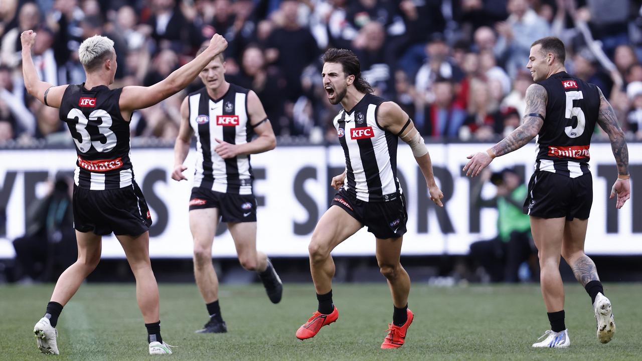 And celebrates one of the goals of the season. Picture: Darrian Traynor/Getty Images