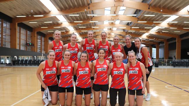 NSW Swifts training partner Sophie Fawns, fourth from left in the front row, with her teammates at the famous netball club.