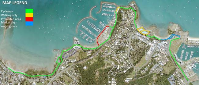 Whitsunday Regional Council's map showing where commercially-hired E-vehicles (bicycles, electric bicycles, electric tricycles &amp; electric scooters) can and cannot operate in Airlie Beach. Picture: Whitsunday Regional Council