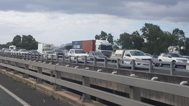 Traffic on the M1 on Friday February 4 after a serious crash involving a motorbike near Exit 57. Picture: Navarone Farrell.