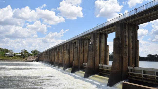 Fitzroy River barrage on February 4, 2020 with the gates open as the storage level reached 100 per cent capacity.