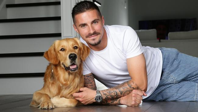 Jamie Maclaren with Simba. Picture: Andrew Tauber