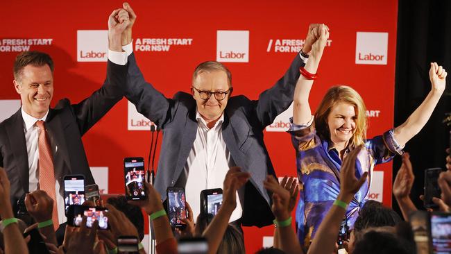 Premier-elect Chris Minns and wife Anna Minns celebrate Labor’s election win in NSW with Prime Minister Anthony Albanese. Picture: Sam Ruttyn