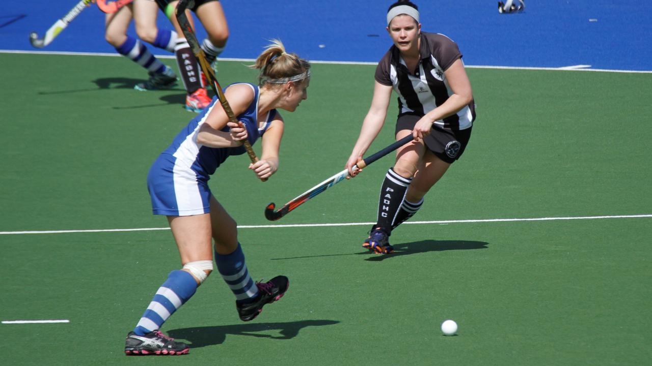 Port Adelaide Metro One player Ilona Flockhart in action against St Peter's Old Collegians during the 2015 grand final. Picture: Port Adelaide Hockey Club