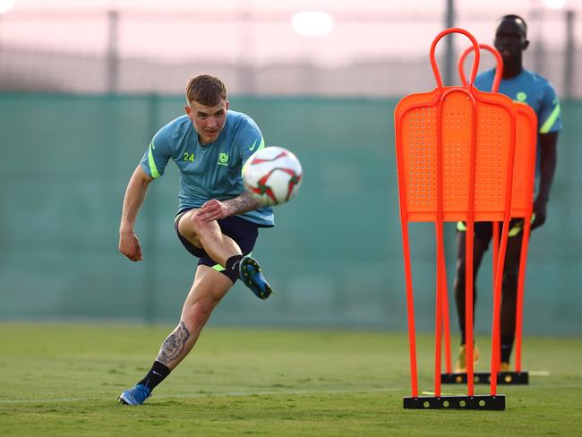 Riley McGree works hard during a Socceroos training session. Picture: Francois Nel/Getty Images