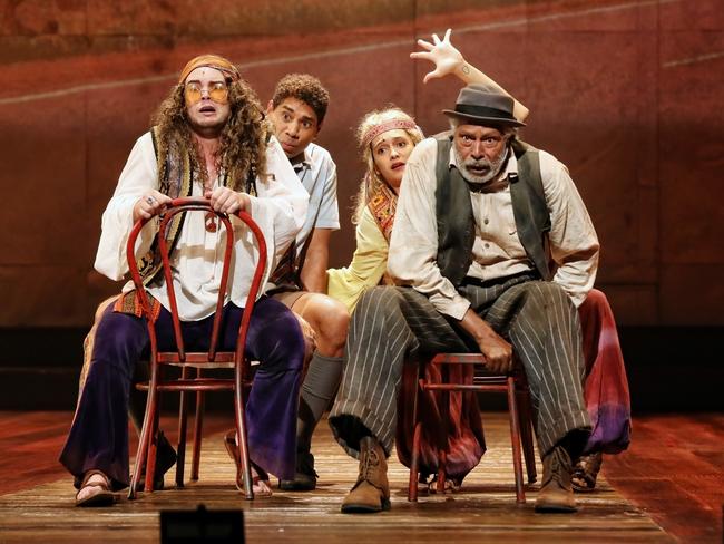 Left to right: Callan Purcell as Slippery, Marcus Corowa as Willie, Danielle Sibosado as Marijuana Annie and Ernie Dingo as Uncle Tadpole in Bran Nue Dae. Picture: Prudence Upton