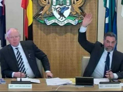 Liverpool Mayor Ned Mannoun (right) alongside acting chief executive Jason Brenton during the extraordinary council meeting on Monday.