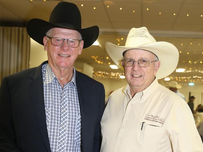 Former Australian Steer Wrestling champion Des Aix and John Skinner at theAustralian Roedo Heritage Centre Hall of Fame presentations at the Douglas Feez Pavillion on Wednesday, October 25. Photo Deanna Millard/Warwick Daily News