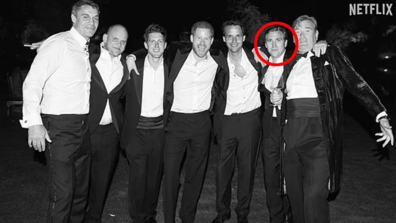 Harry with his best friends (including Mann, second from the right) on the night of his wedding. Picture: Netflix