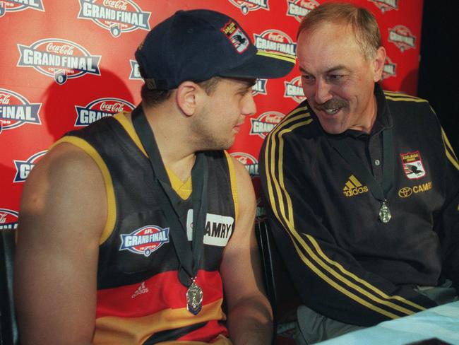 Norm Smith Medallist Andrew McLeod (left) with coach Malcolm Blight at the after-match press conference. 1998 Grand Final. Adelaide Crows v North Melbourne (Kangaroos). MCG.