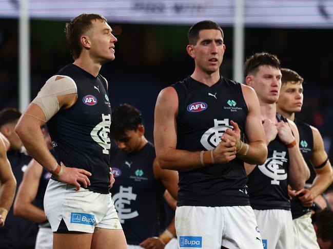 MELBOURNE, AUSTRALIA - APRIL 03: Patrick Cripps of the Blues reacts following the round four AFL match between Collingwood Magpies and Carlton Blues at Melbourne Cricket Ground, on April 03, 2025, in Melbourne, Australia. (Photo by Morgan Hancock/AFL Photos/via Getty Images)