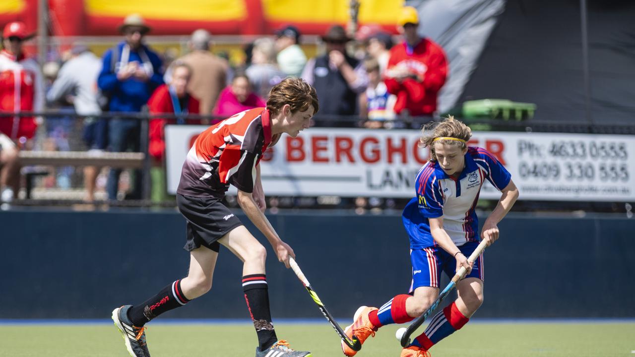 Riley Cronk (left) of Past High and Charlie Jensen of Rangeville in J1 boys grand final hockey at Clyde Park, Saturday, September 10, 2022. Picture: Kevin Farmer
