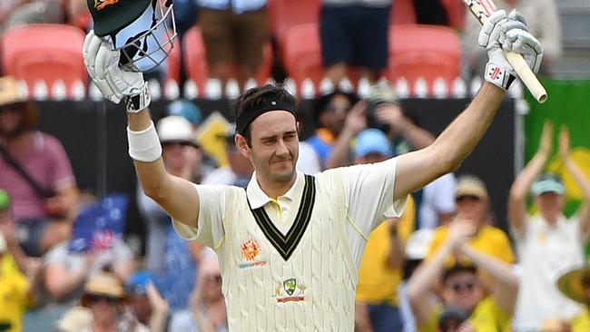 Kurtis Patterson celebrates his maiden Test century in Canberra.