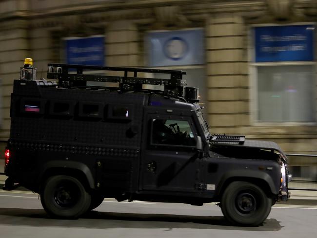 An amoured police vehicle patrols near Manchester Arena. Picture: Getty