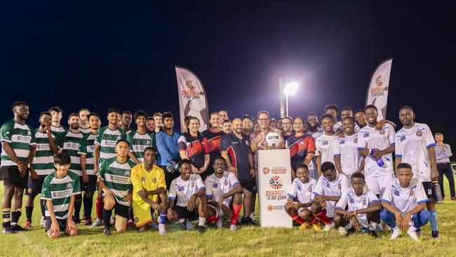 Palmerston Rovers FC and DR Congo Darwin FC played one another under the new lights at Gray Oval. Picture: Football Northern Territory.