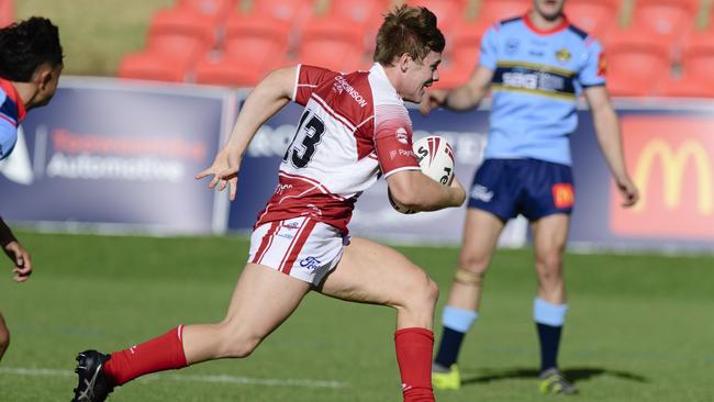 Nate Berrigan on the way to try for Brisbane Dolphins against Western Clydesdales in Mal Meninga Cup round 2 Queensland Rugby League at Toowoomba Sports Ground, Saturday, February 22, 2025. Picture: Kevin Farmer